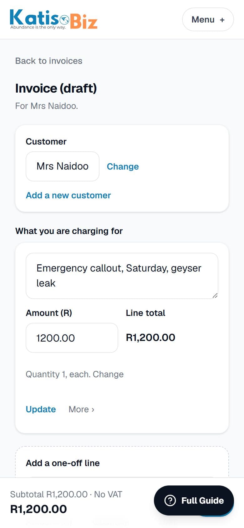 An invoice with a customer and one line added