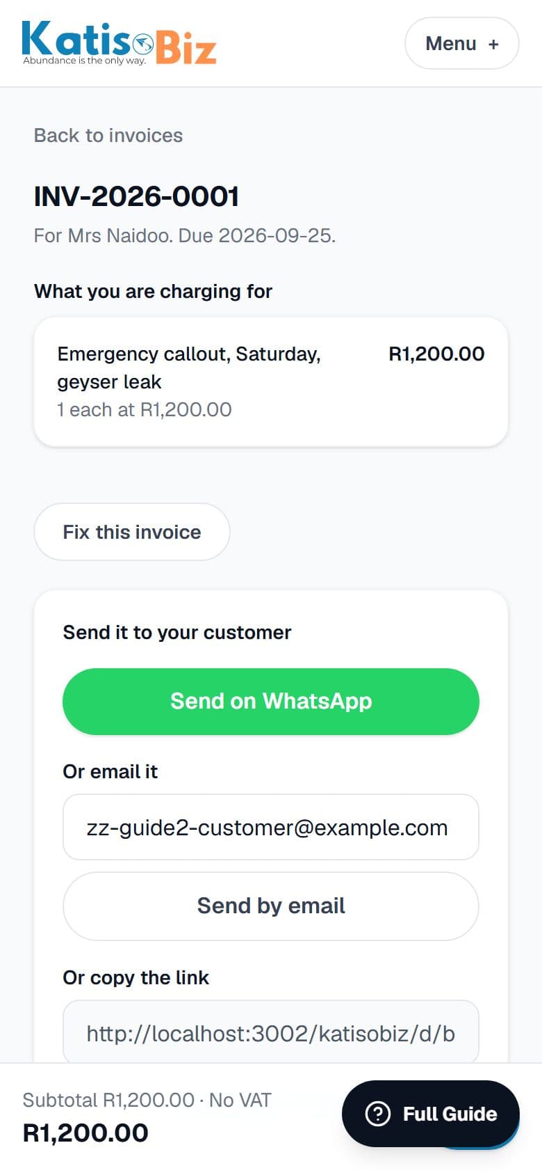 The issued invoice, ready to send on WhatsApp or by email