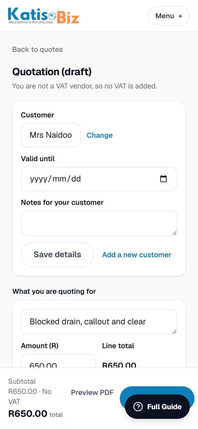 A quote with a customer and one line added