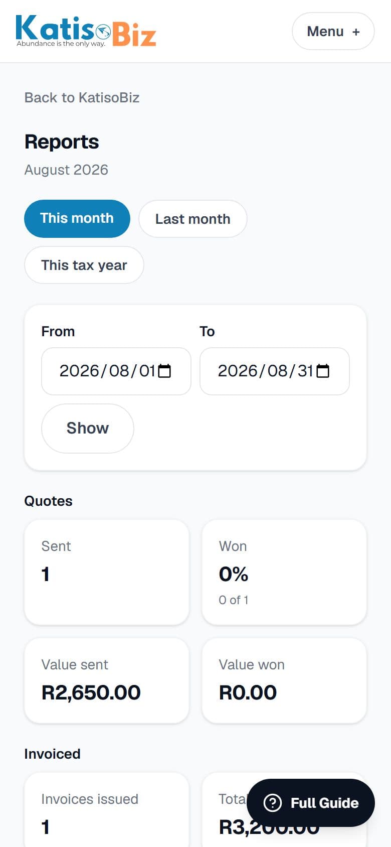 The Reports screen, showing the Quotes and Invoiced tiles