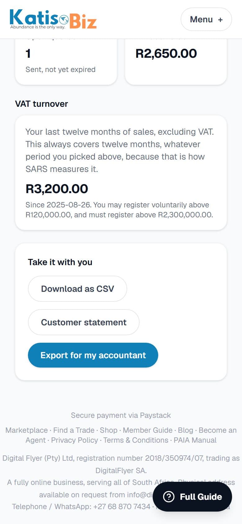 The Take it with you box, with CSV, statement and accountant export options