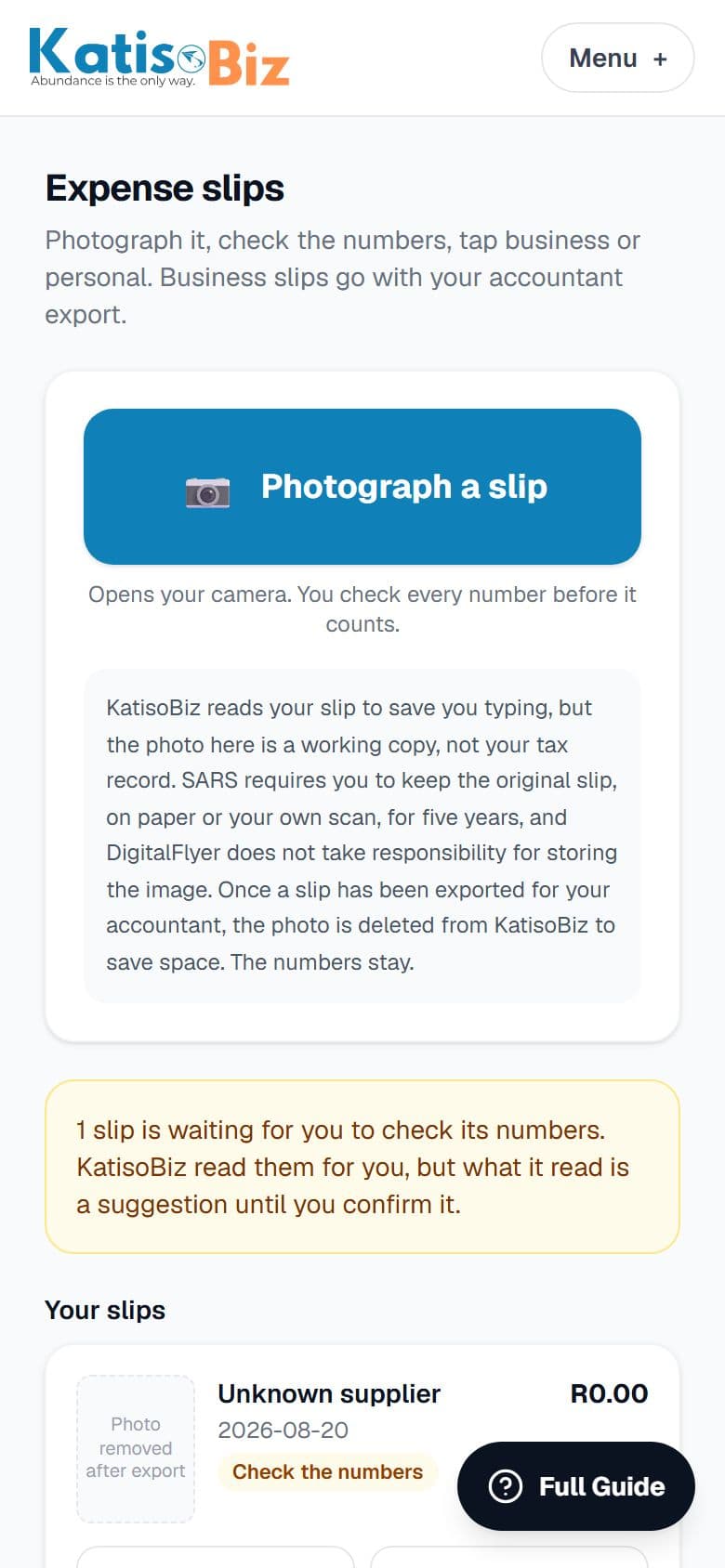 The Slips screen, with a slip waiting to be checked