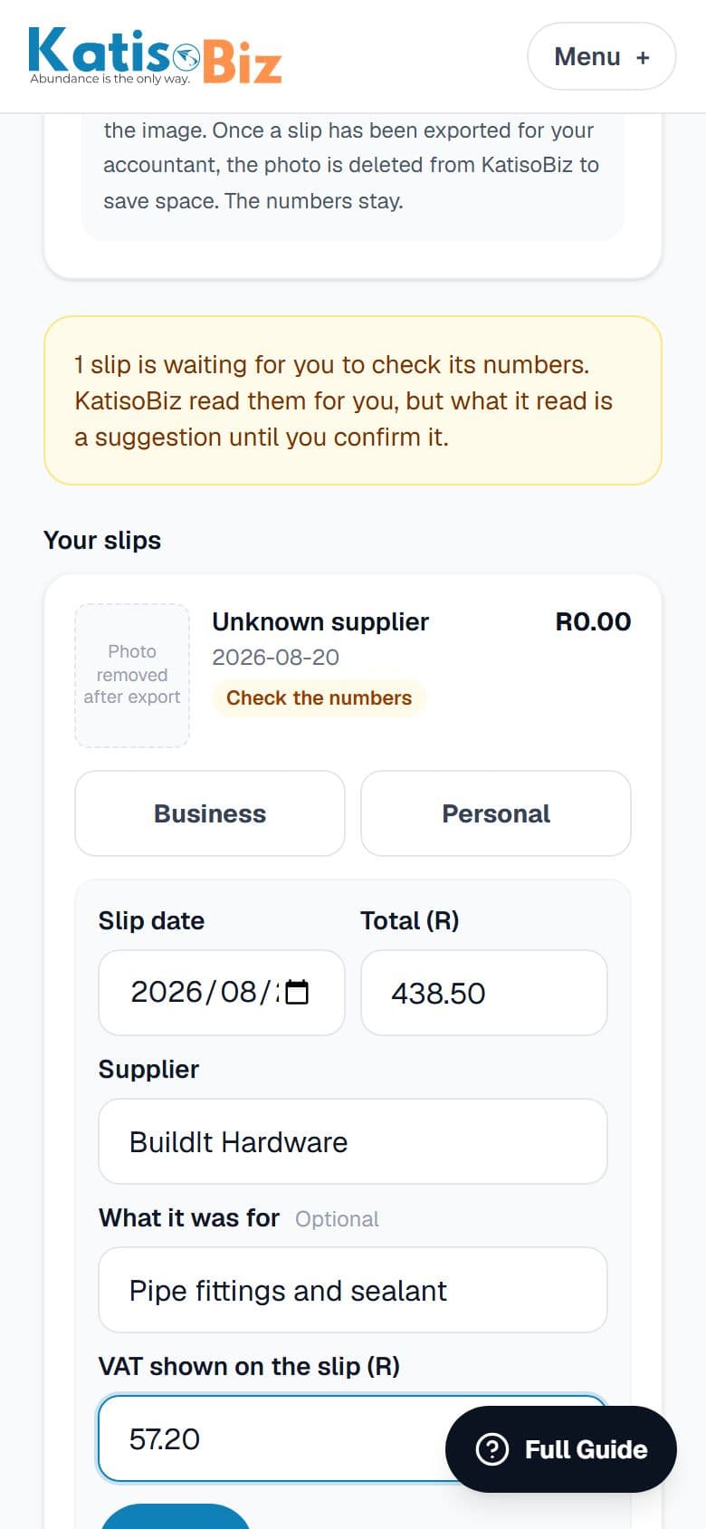 A slip's details being checked and corrected