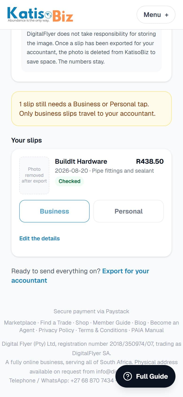 A checked slip allocated to Business, with an export link below it